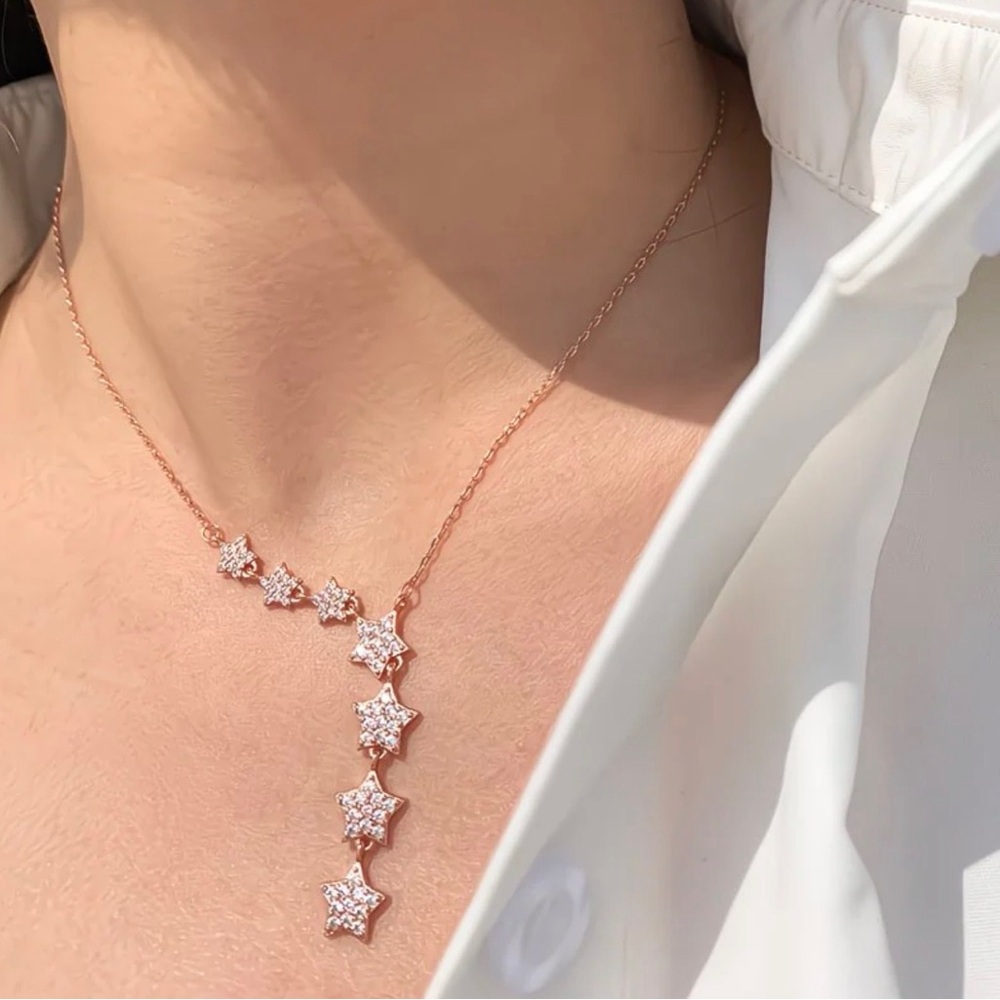 Delicate Rose Gold 7 Star Cascade Necklace with Cubic Accents